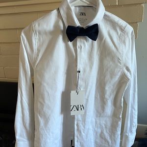 Zara NWT boys textured white button down with velvet blue bow tie size 11/12